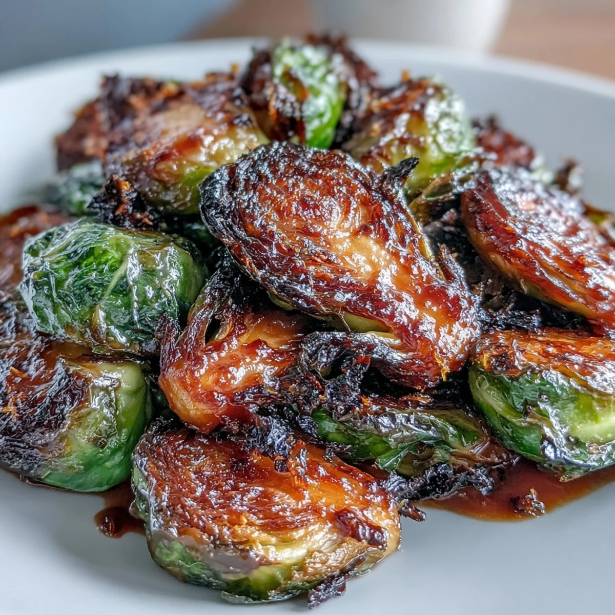 A close-up of Irresistible Orange Maple Glazed Brussels Sprouts glistening on a serving platter, garnished with fresh orange zest.
