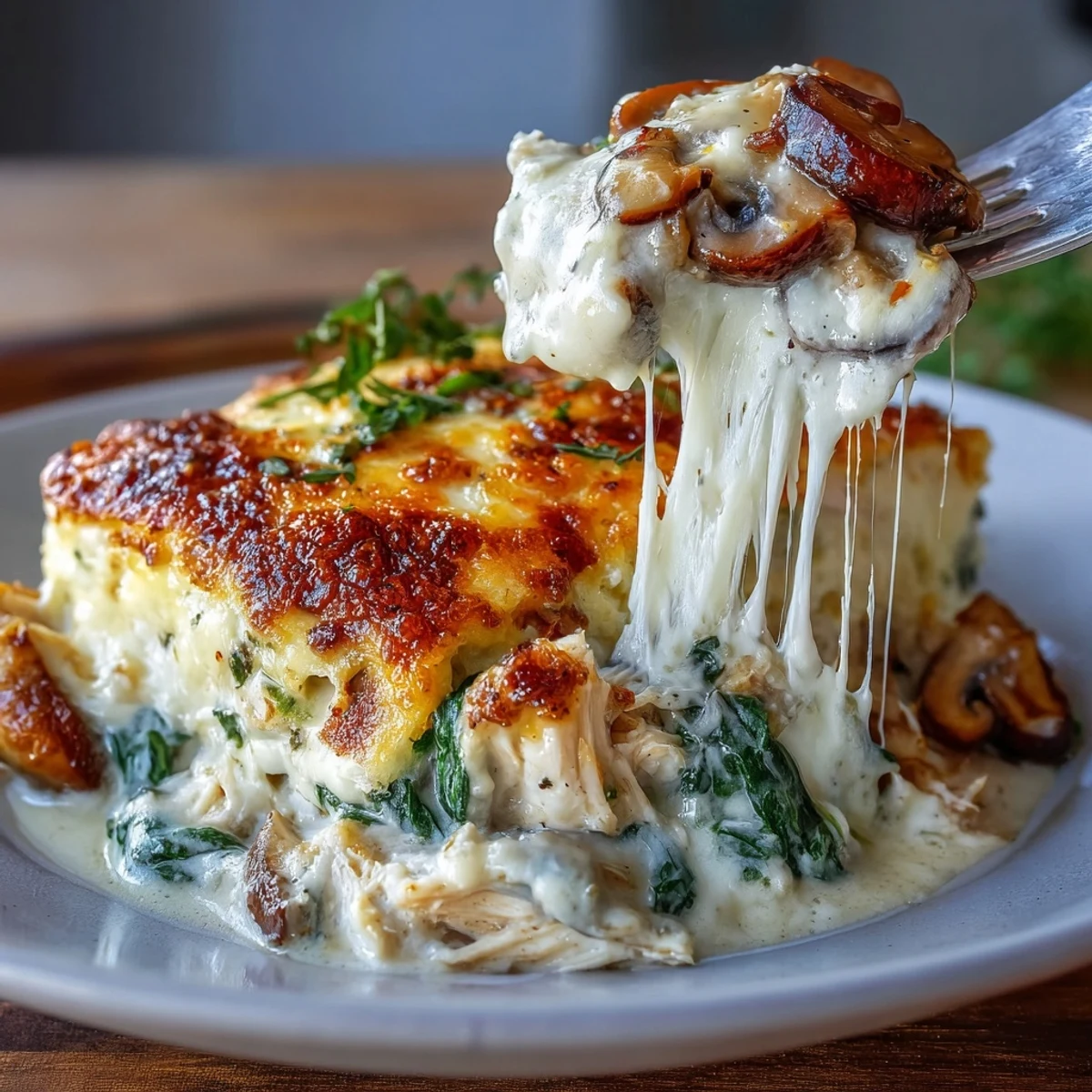 Freshly baked Chicken Spinach & Mushroom Low Carb Oven Dish with melted mozzarella and parmesan, served hot from the oven for a low-carb meal.