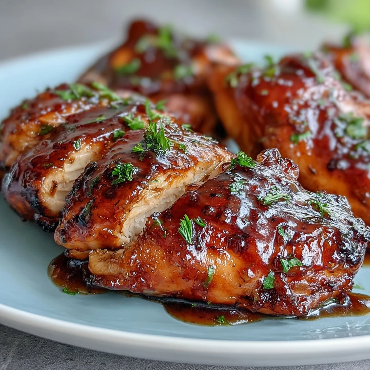 A close-up of glazed chicken, caramelized sweet potatoes, and Brussels sprouts on brown rice, garnished with pecans and fresh parsley.