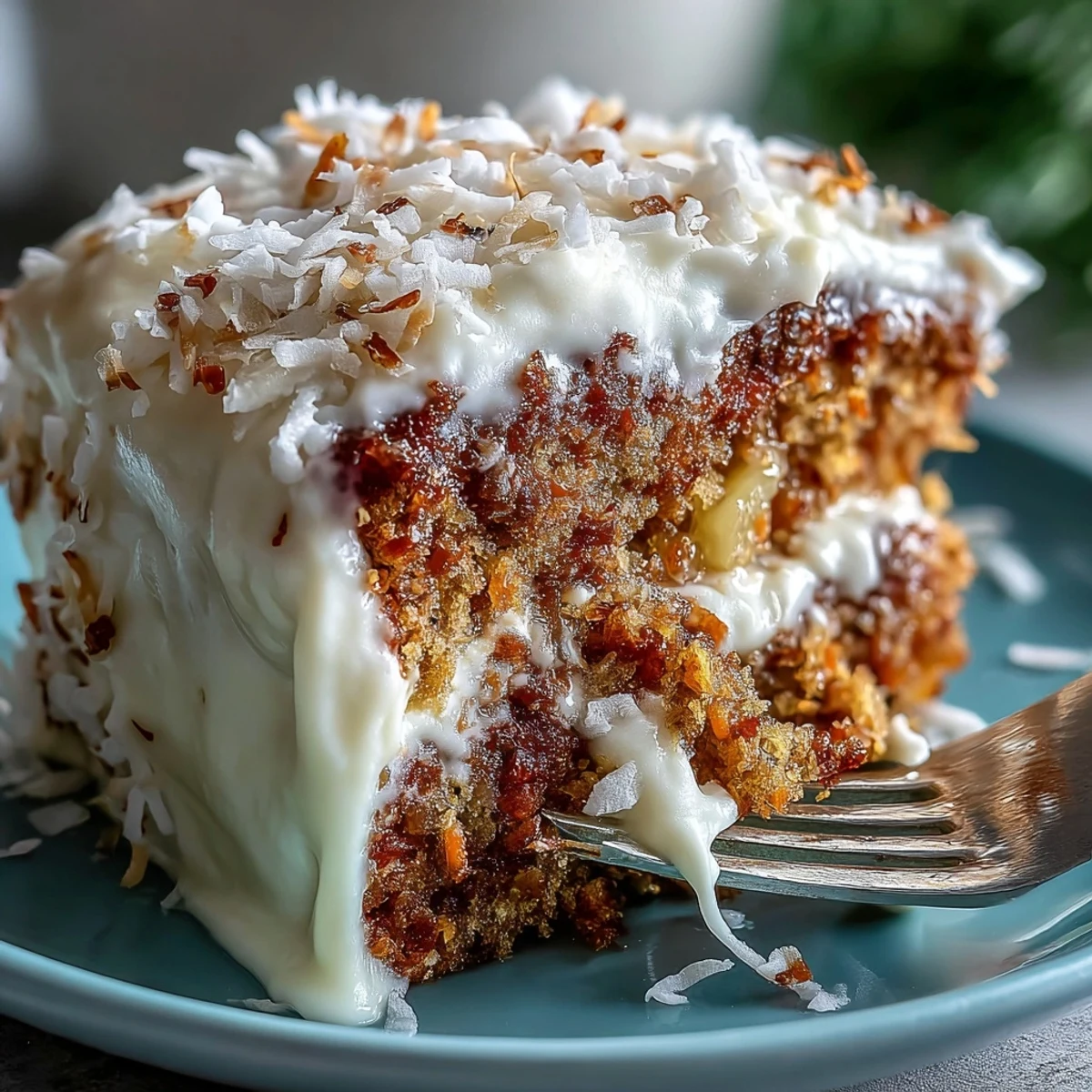 Whole Christmas Hawaiian Carrot Pineapple Cake garnished with coconut and pine garnish.