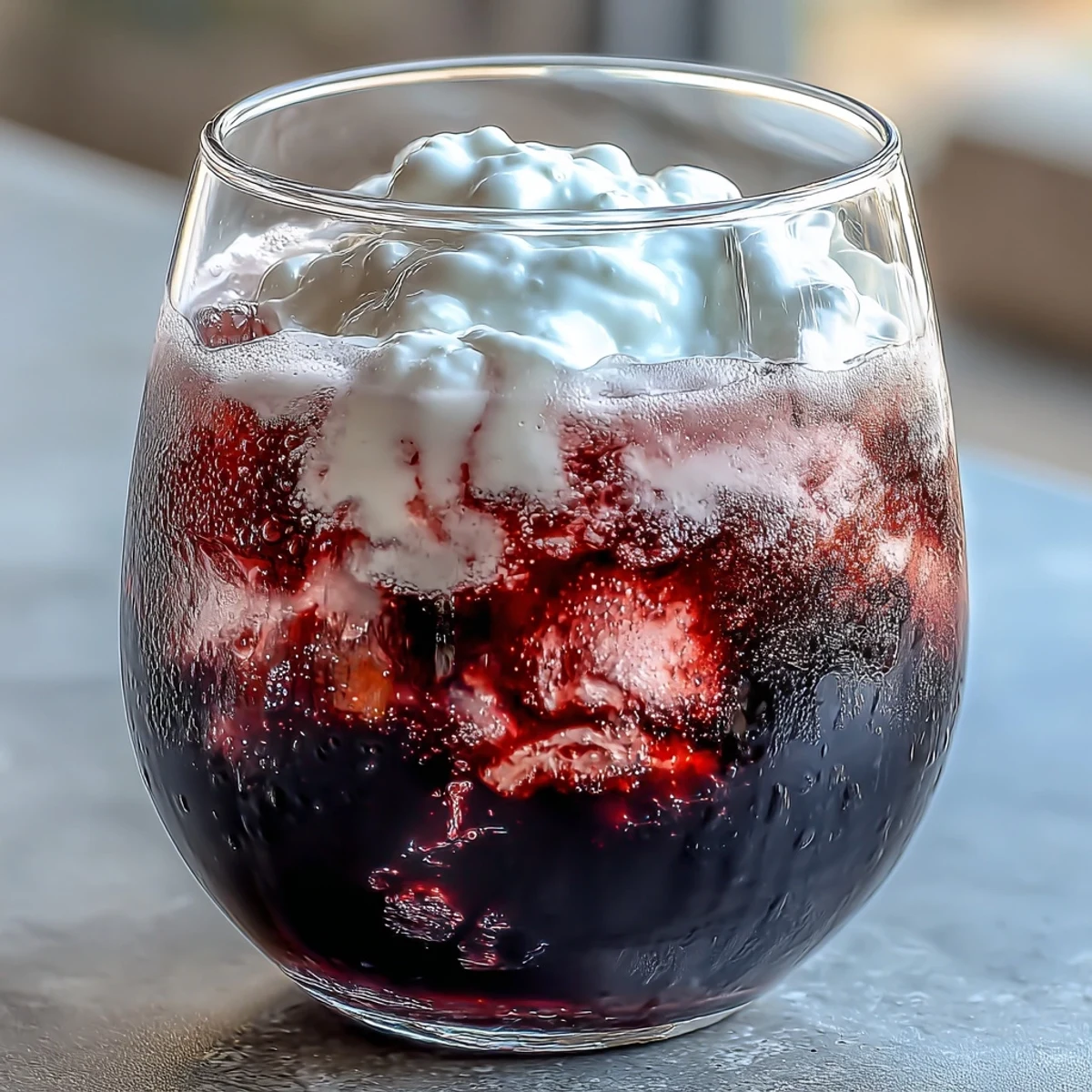 A glass of Midnight Malibu Dirty Soda, featuring Dr Pepper swirled with blackberry syrup and topped with creamy coconut.