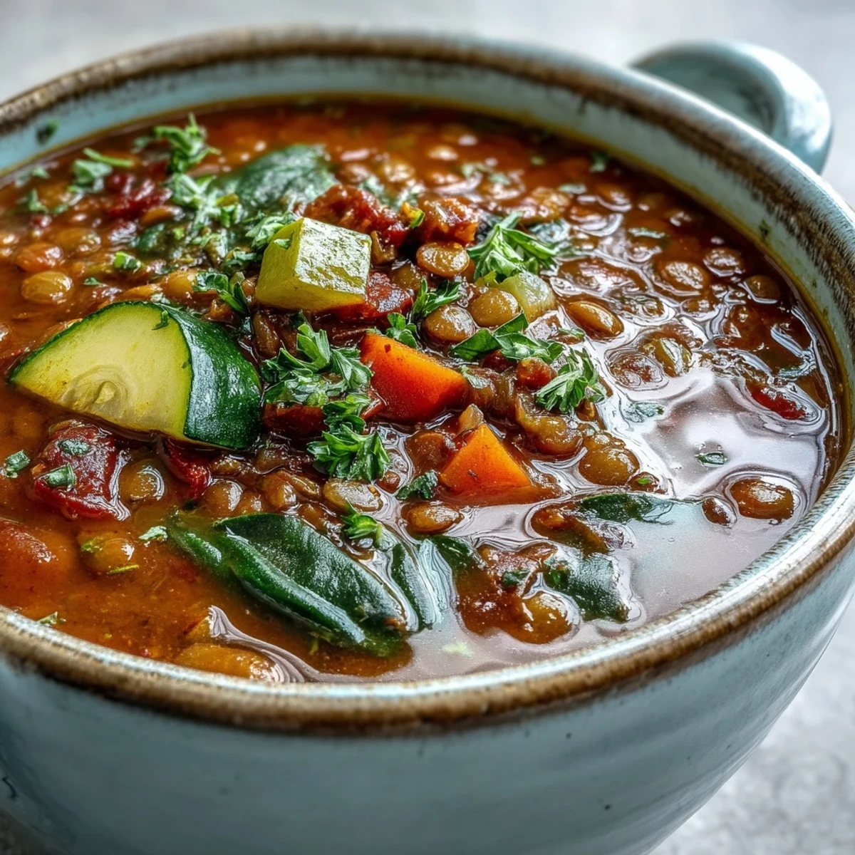 Delicious lentil soup, full of tender veggies, ready to be served hot.