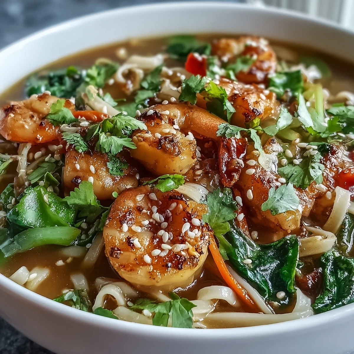 This hearty Asian Noodle Bowl promises tender shrimp, crisp veggies, and savory broth.