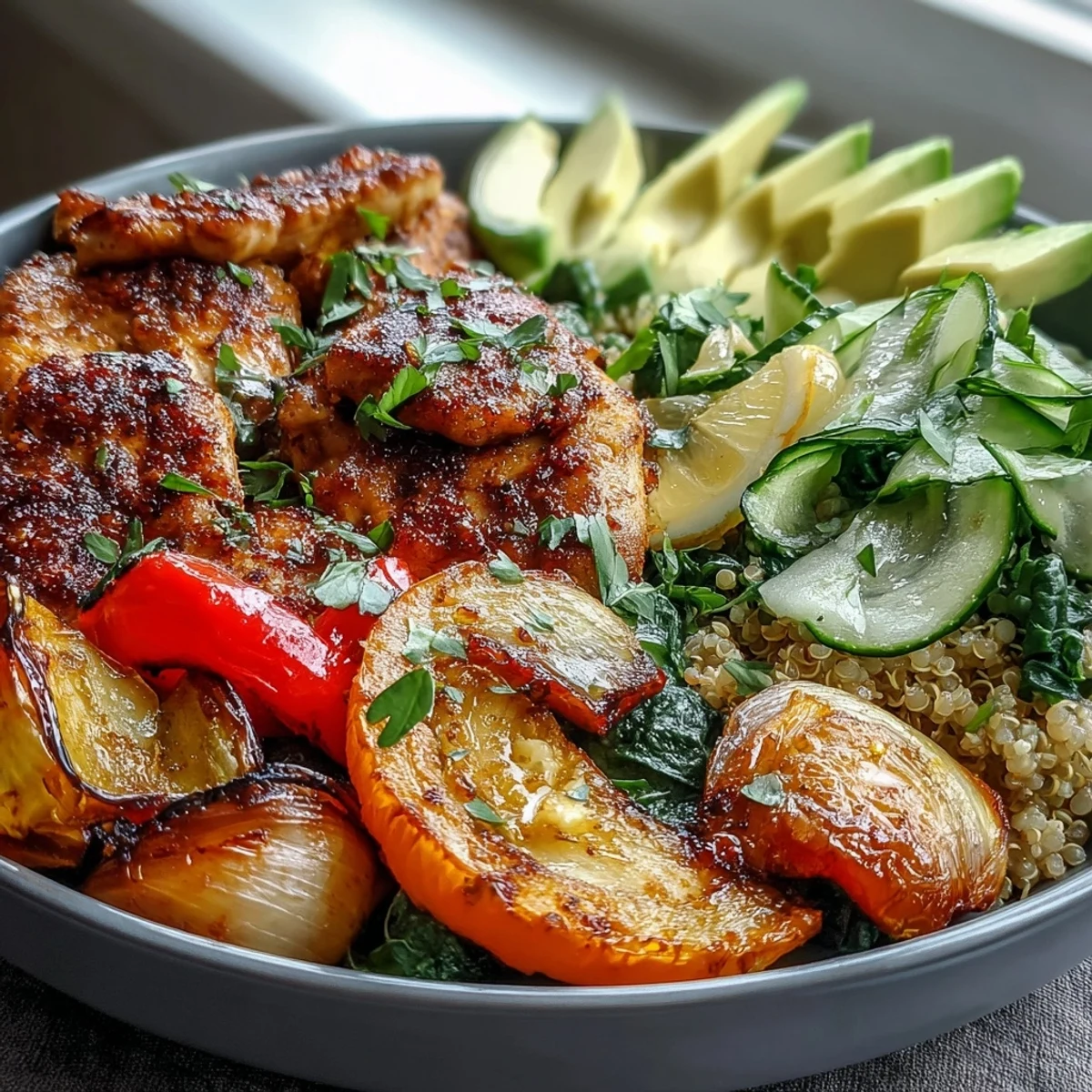 Colorful paprika roasted vegetable quinoa bowl with golden chicken and avocado.
