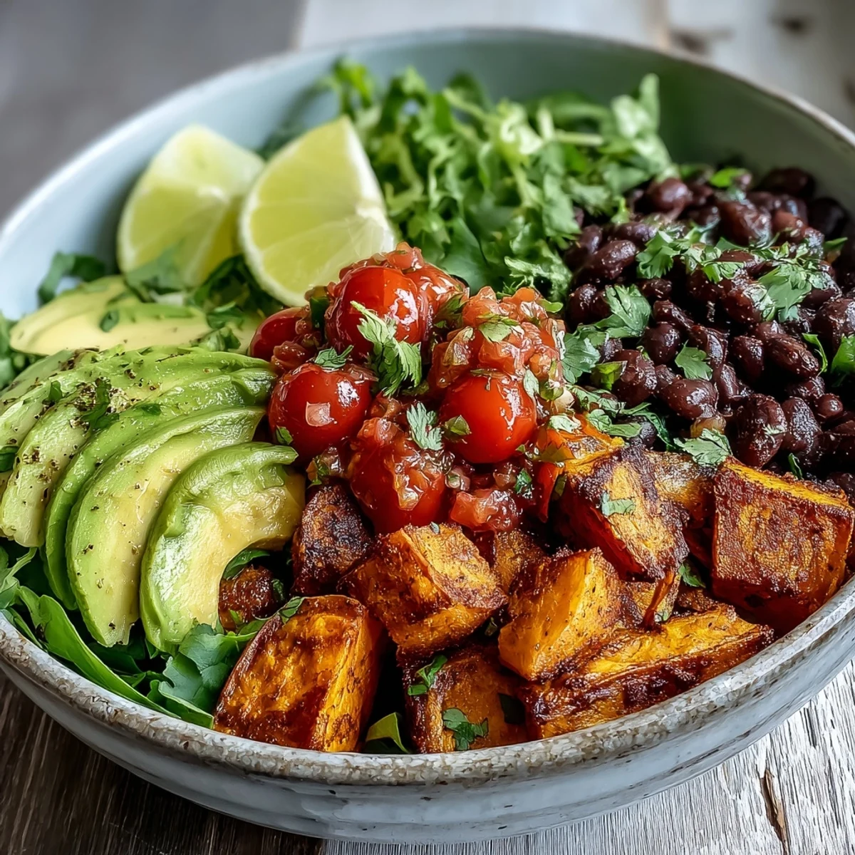 Colorful Sweet Potato and Black Bean Bowl featuring cherry tomatoes, cilantro, and warm roasted vegetables on a bed of greens.
