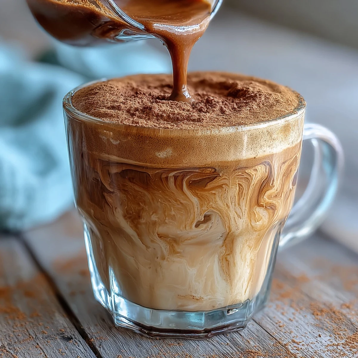 Creamy Hojicha Flat White in a white ceramic mug, topped with microfoam and light hojicha powder.