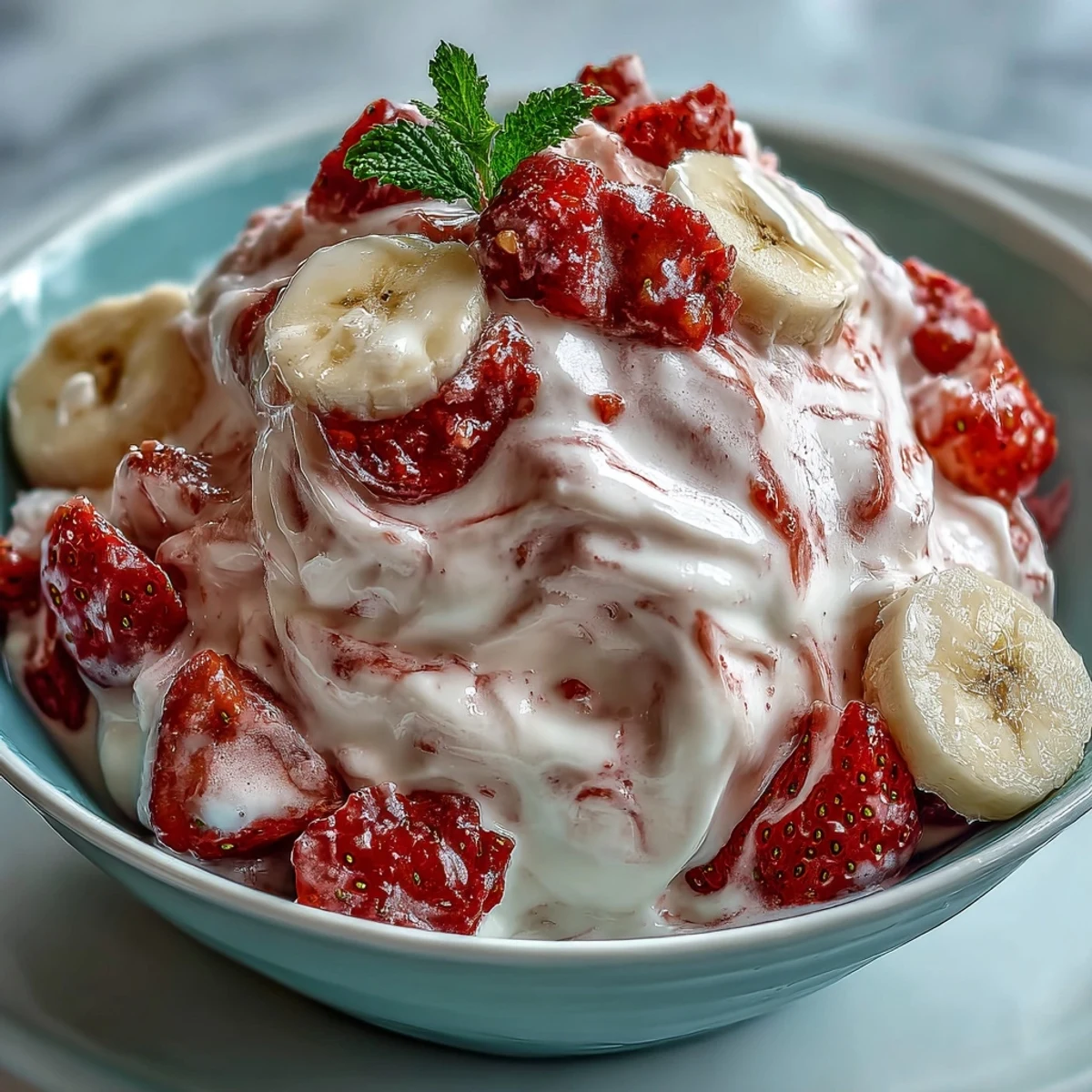 Crisp freeze-dried strawberries and banana chips peek from creamy white clusters on a tray.