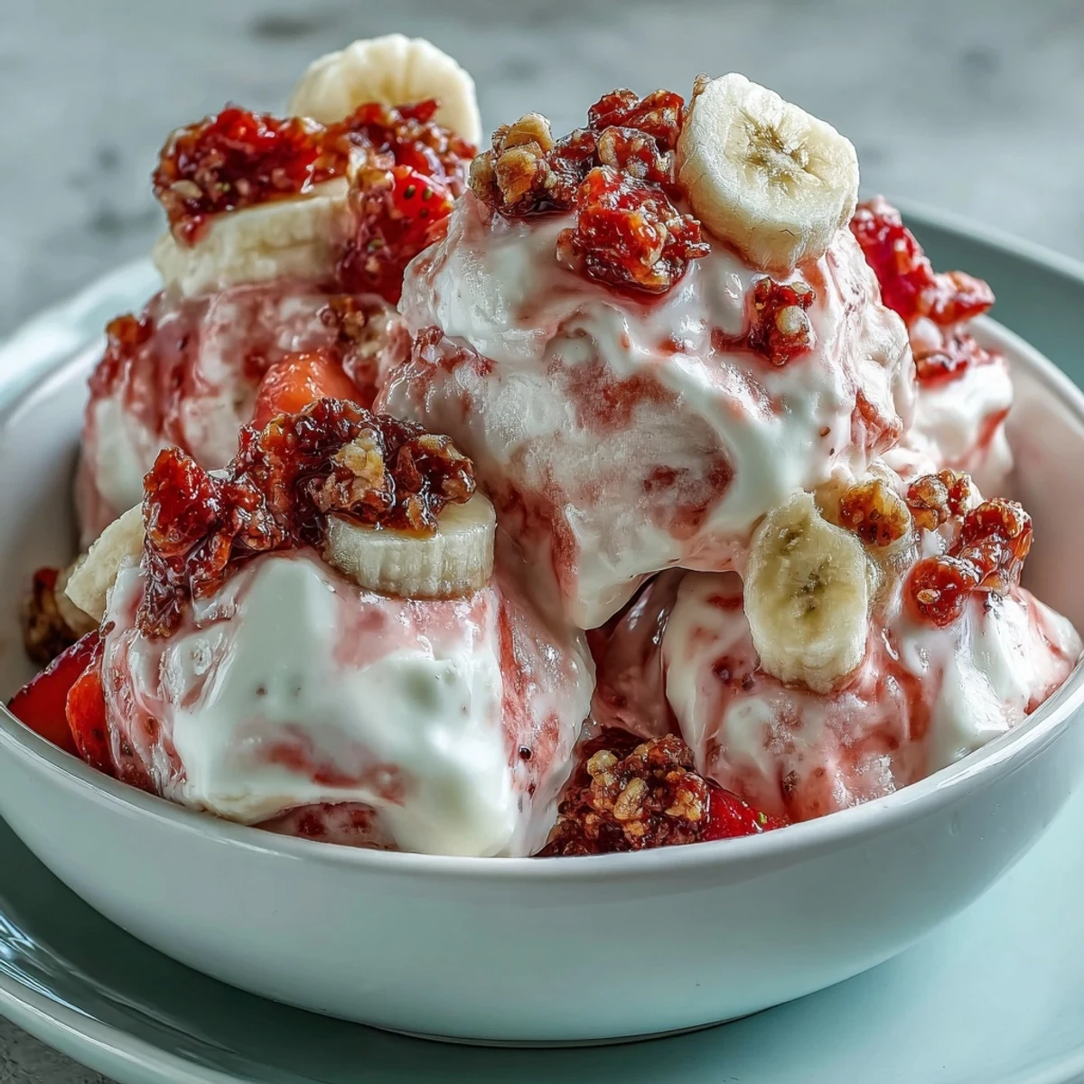 A marble-swirl texture highlights the Greek yogurt and honey ingredients.