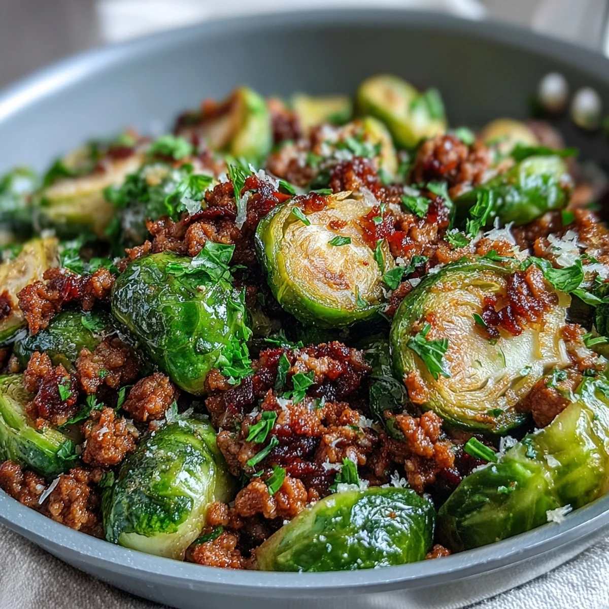 Served family-style, this Brussels Sprouts & Ground Turkey Skillet is topped with melted Parmesan cheese.