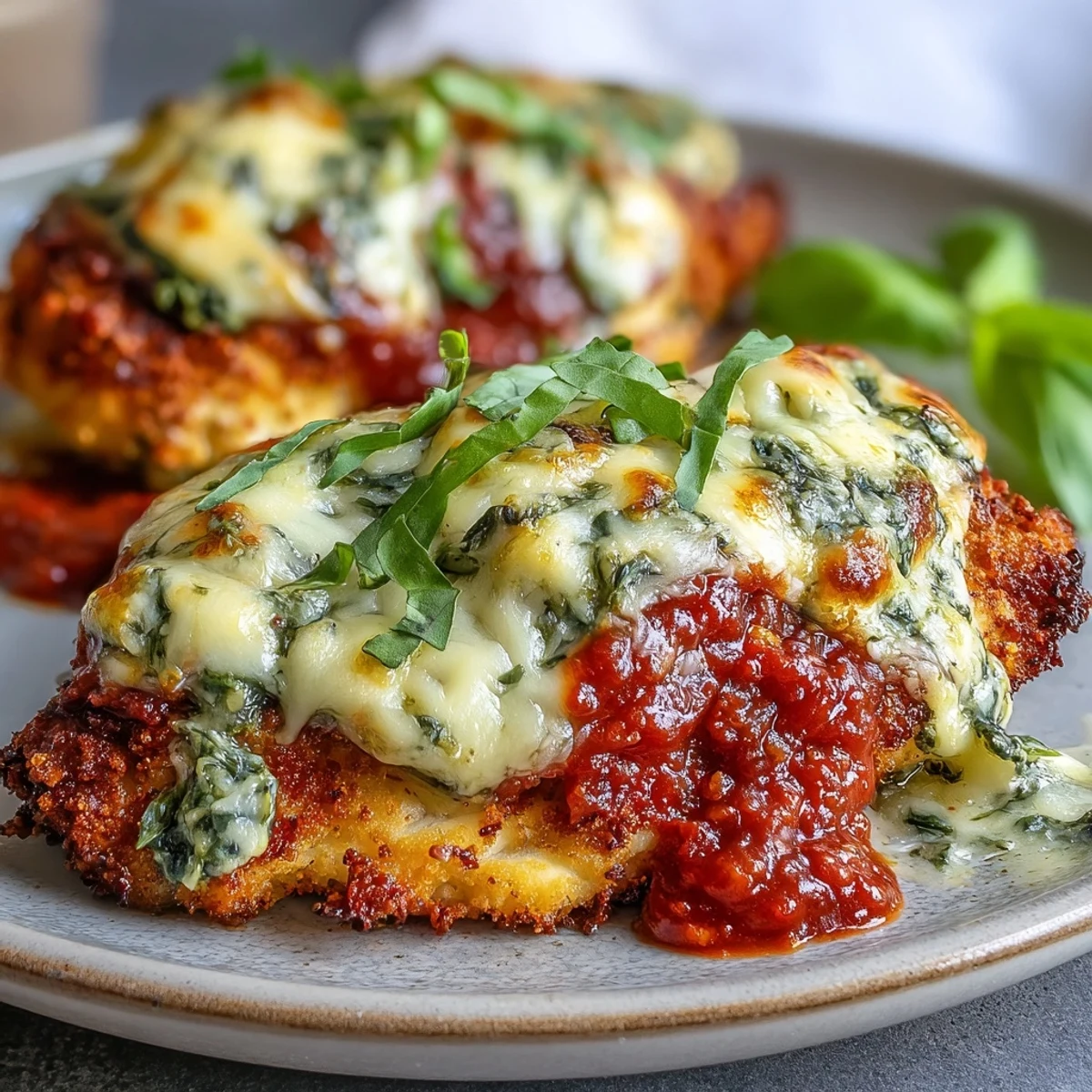 Fresh basil pesto and marinara sauce cover crispy chicken parmesan, with bubbling mozzarella and grated Parmesan, ready to serve with a side salad.