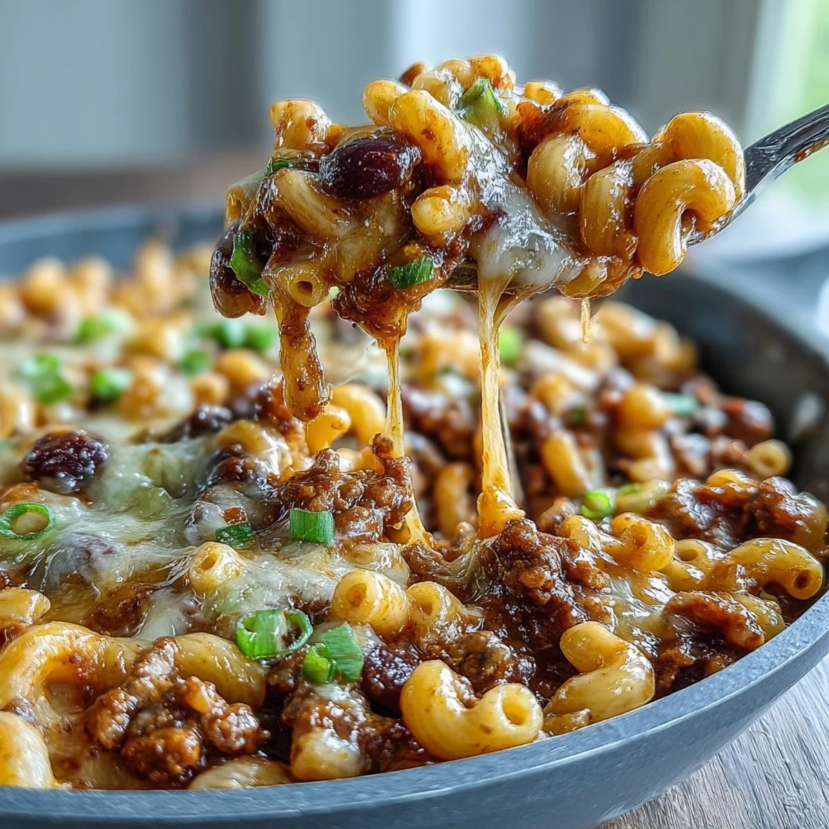 A close-up of steaming One-Pan High Protein Chili Mac with gooey cheddar and tender elbow macaroni in a skillet.