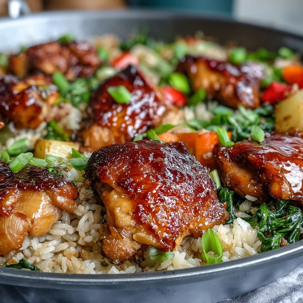A skillet of One-Pan Bold Honey BBQ Chicken Rice, featuring glazed chicken, fluffy rice, and colorful veggies steaming together.