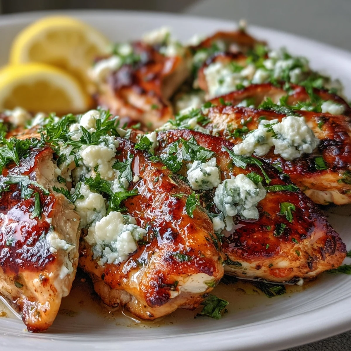 Golden-brown Greek Chicken with Lemon and Feta plated with fresh parsley and lemon wedges.