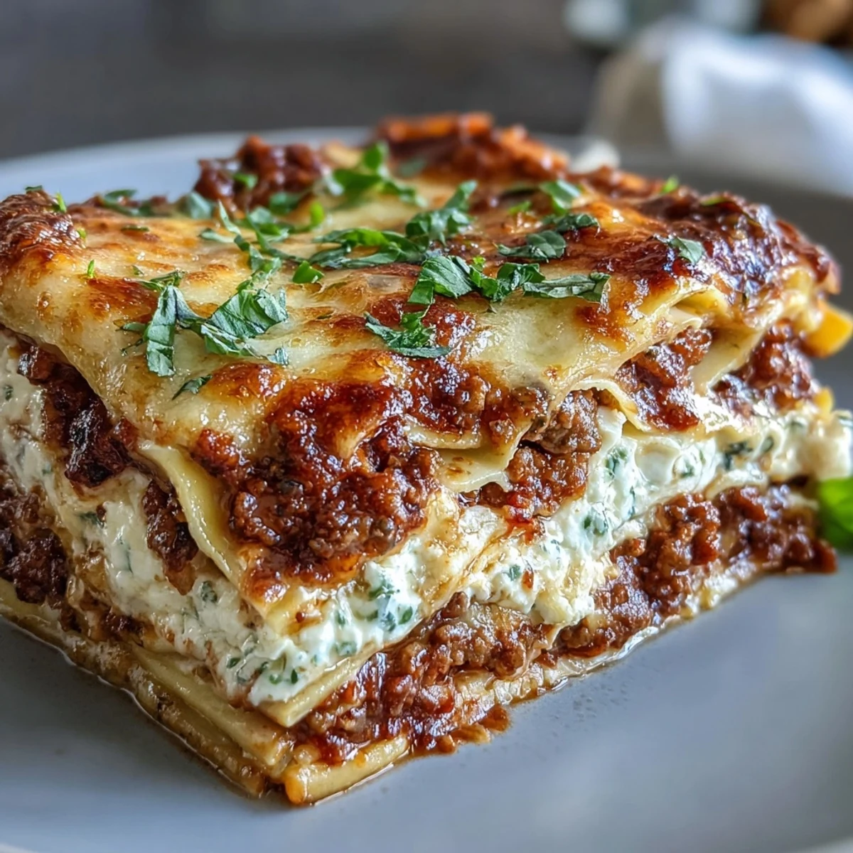 A close-up of Worlds Best Lasagna bubbling with golden cheese, showcasing layers of meat sauce and ricotta.  