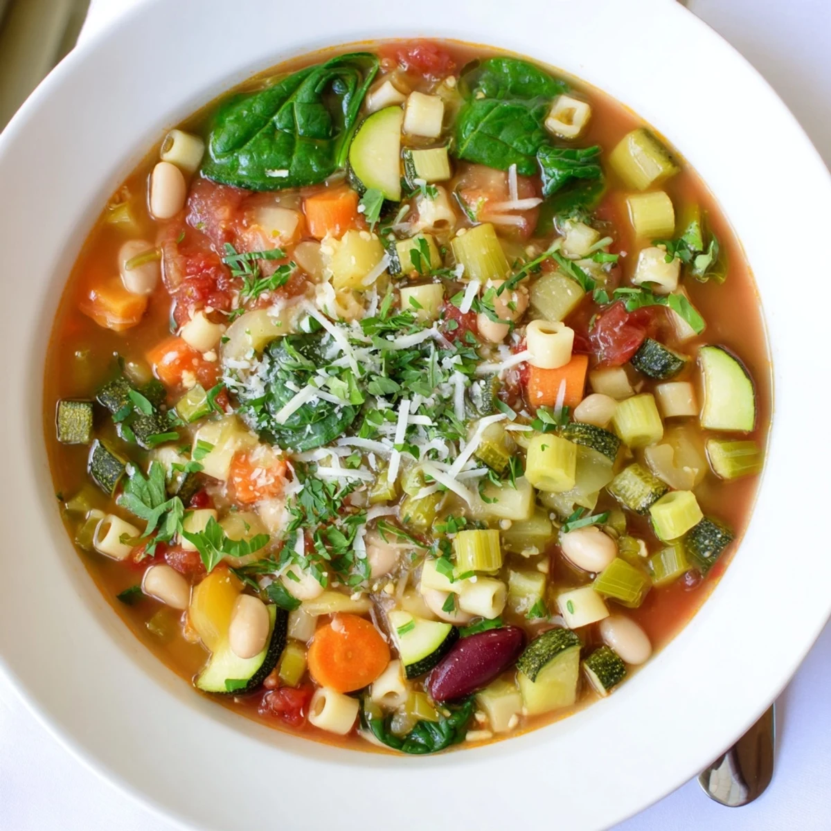 A rustic bowl of hearty Minestrone Vegetable Soup garnished with fresh parsley and grated Parmesan cheese.