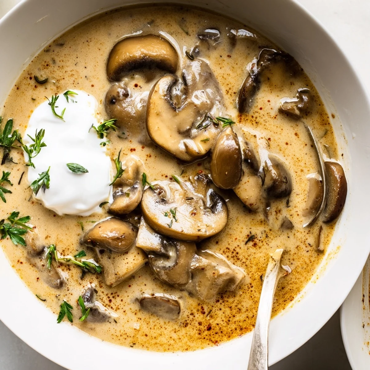 Creamy mushroom stroganoff soup steaming in a rustic bowl, garnished with fresh parsley and a dollop of sour cream.