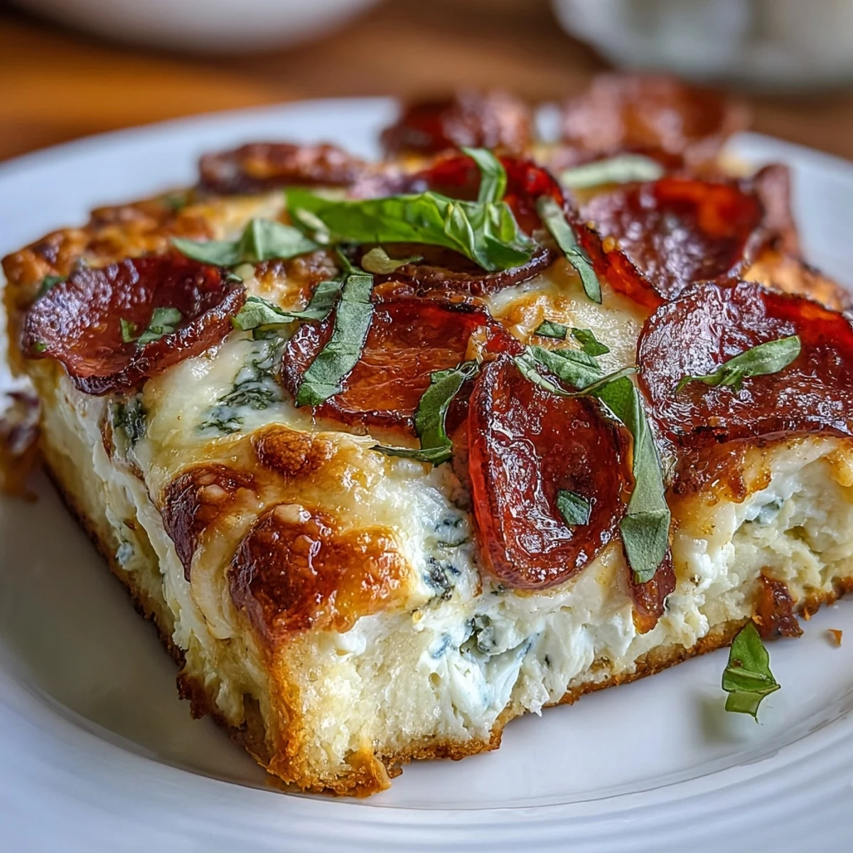 A single serving of High-Protein Pizza Breakfast Casserole on a white plate, garnished with fresh parsley and a dollop of pizza sauce.