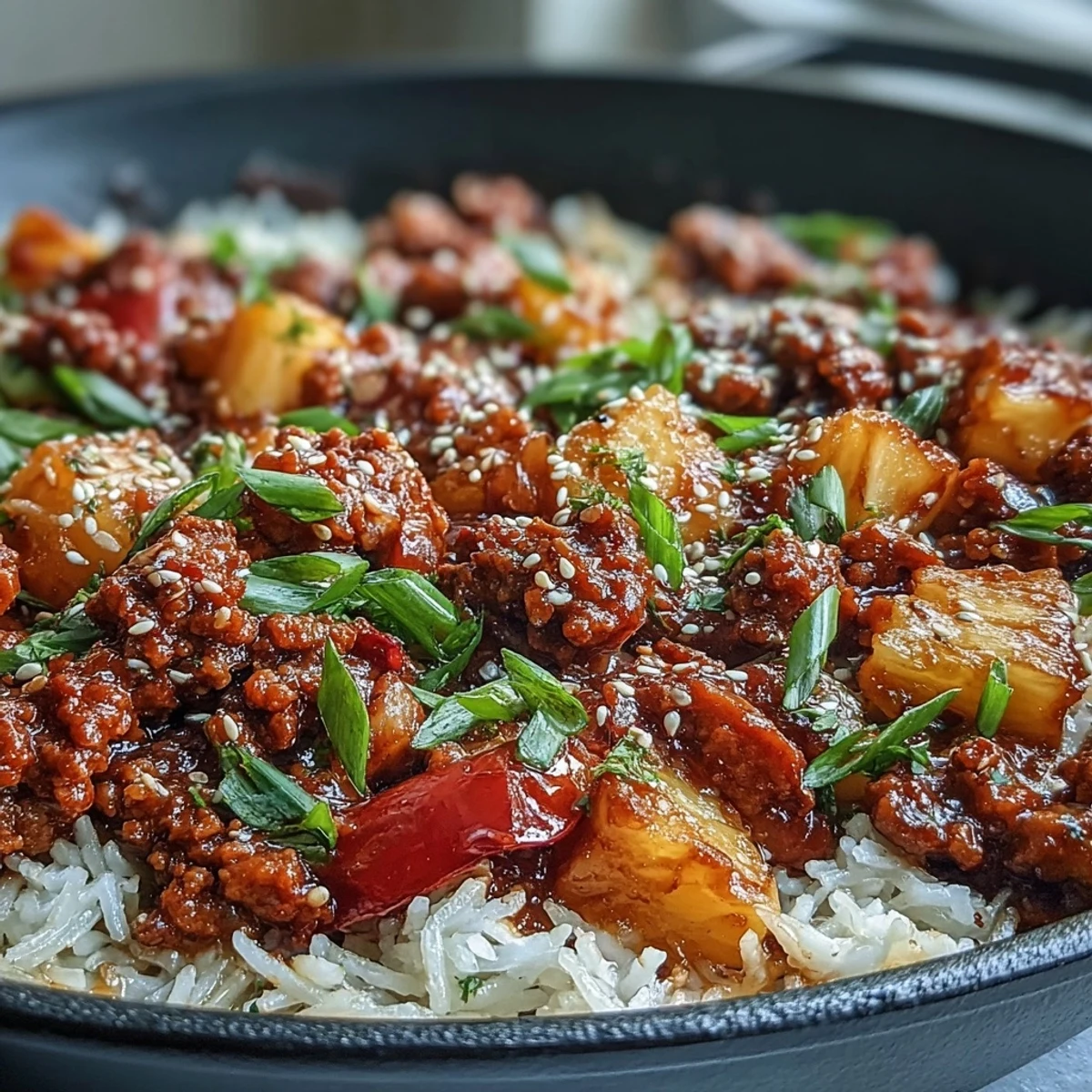 Colorful sweet-and-sour turkey rice skillet with pineapple and bell peppers in a skillet.