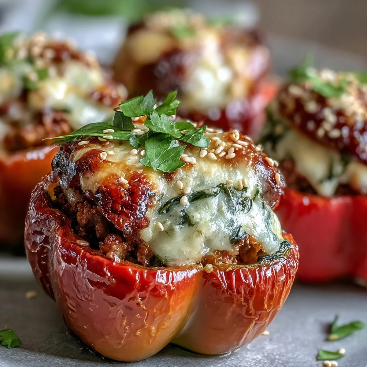 Close-up view of Korean-Style Turkey Stuffed Sweet Peppers garnished with green onions and sesame seeds, perfect for a gluten-free appetizer.