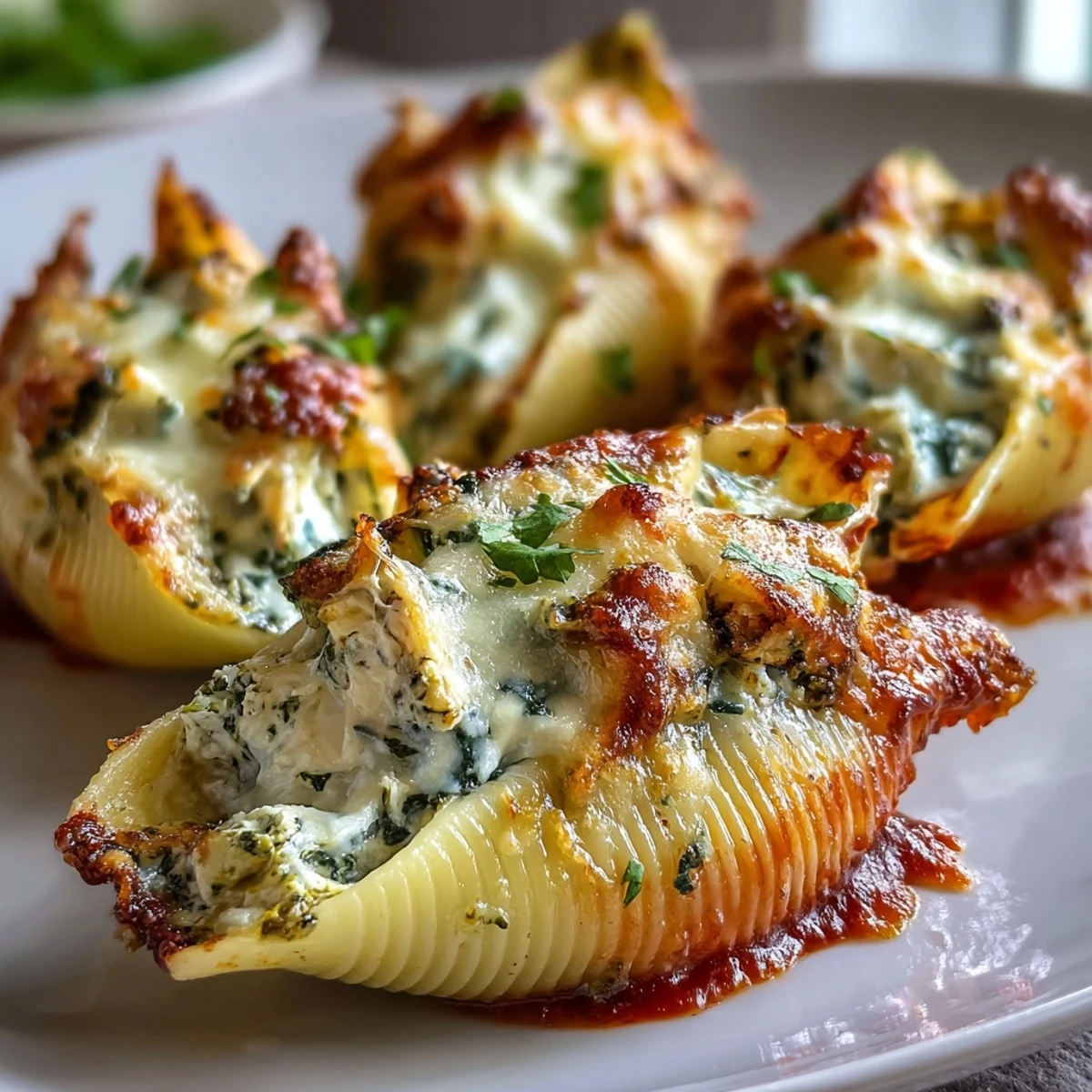 Freshly baked Pesto Chicken Stuffed Shells Lite with bubbly mozzarella and marinara sauce, garnished with basil.