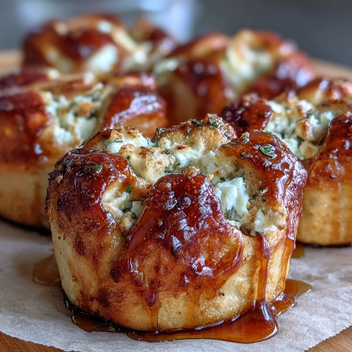 Platter of warm Hot Honey Ricotta Stuffed Garlic Knots served with extra honey for dipping.