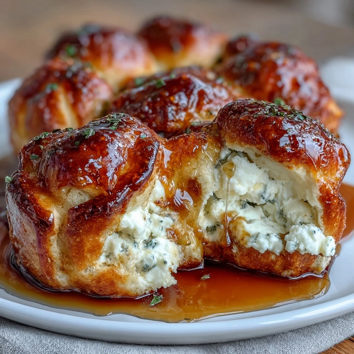 Close-up on Hot Honey Ricotta Stuffed Garlic Knots revealing creamy filling and aromatic garlic butter.