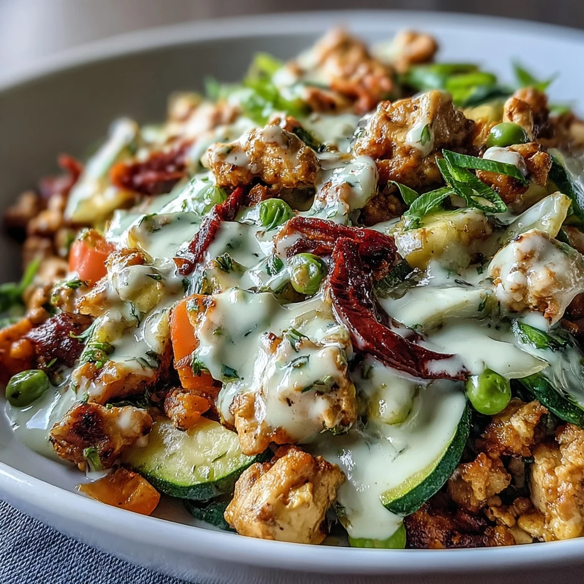 Family-style Creamy Ranch Turkey & Veggie Skillet served over penne pasta, garnished with fresh chopped parsley on a rustic wooden table.