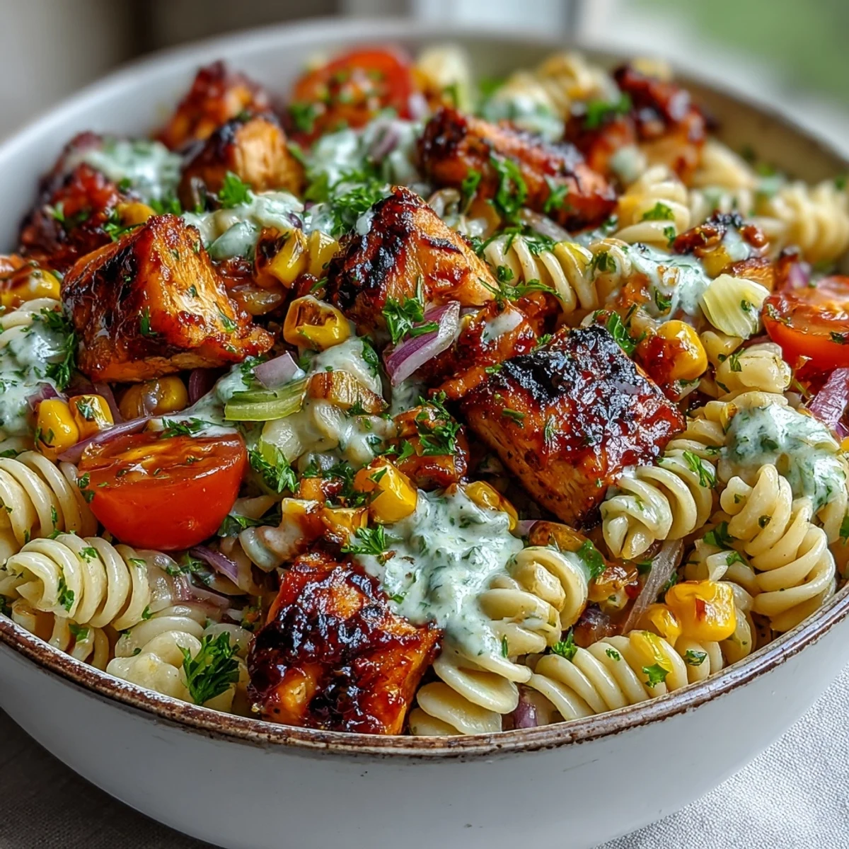 Cubes of honey BBQ chicken rest atop creamy pasta salad with red bell peppers and celery.