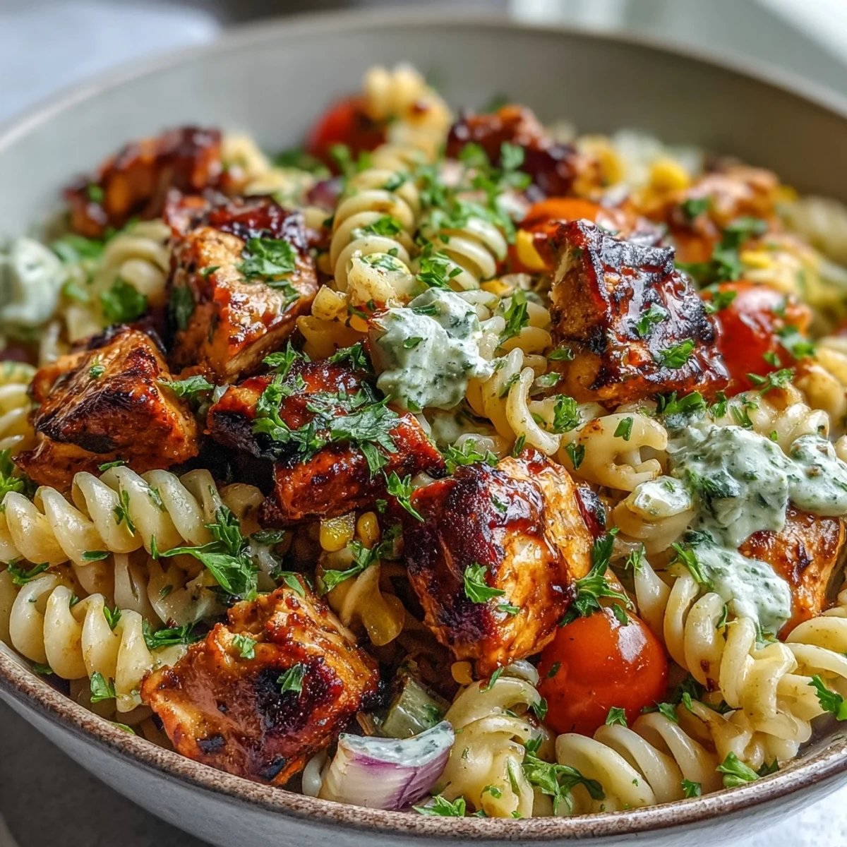 Bright cherry tomatoes and corn add color to this chilled Honey BBQ Chicken Pasta Salad.