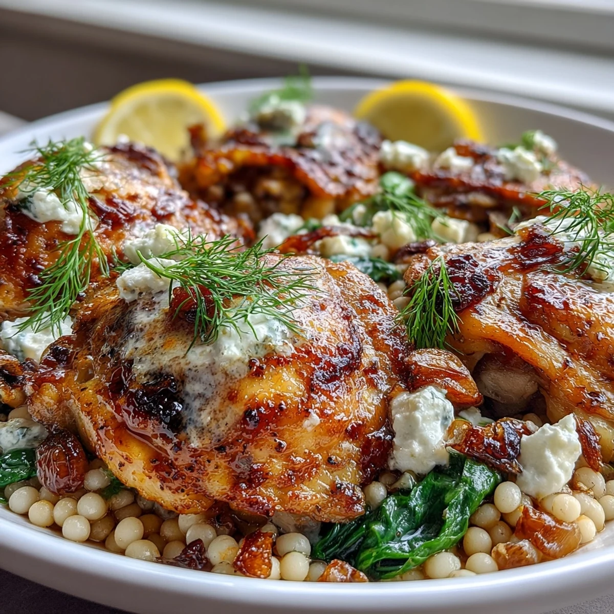 Golden-brown chicken thighs bake atop creamy pearl couscous and wilted spinach in this one-pan Creamy Greek Chicken & Pearl Couscous Bake.