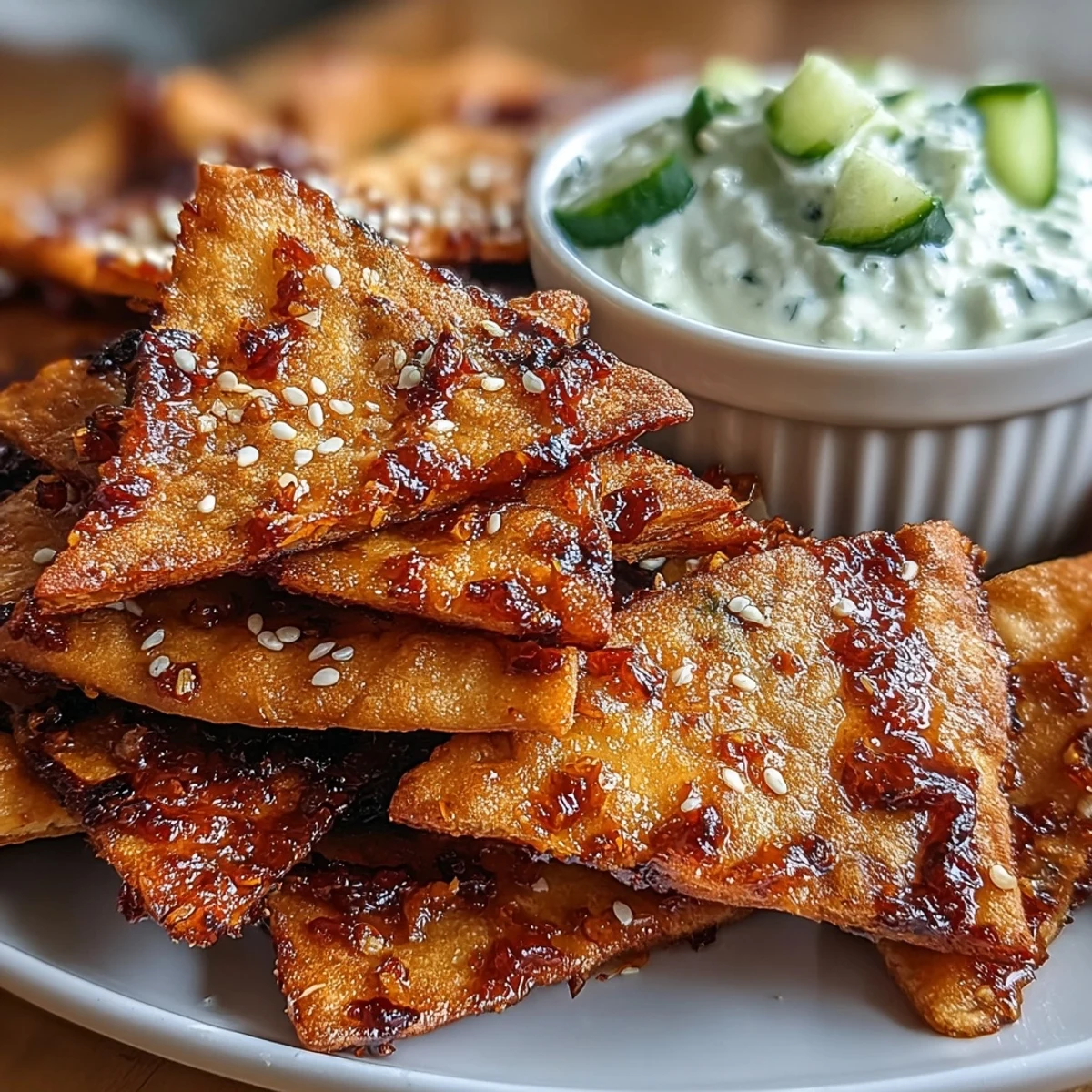 Golden-brown Spicy Chili Crisp Garlic Naan Chips are piled high next to a creamy white cucumber dip garnished with sesame seeds.