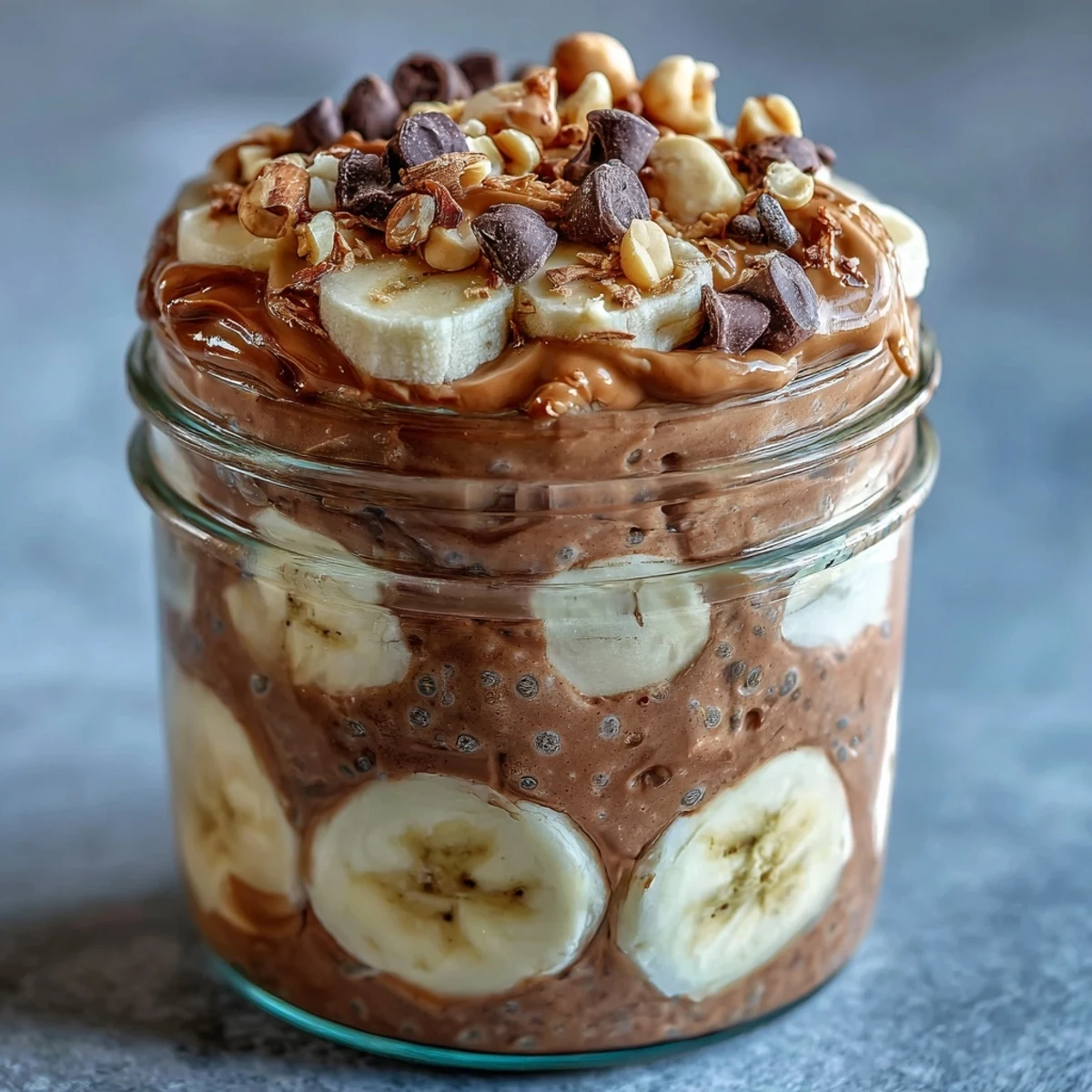 Creamy chocolate chia pudding layered with banana slices and peanut butter in a jar for breakfast.