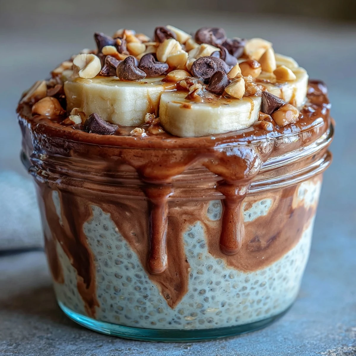 This Chunky Monkey Overnight Chia Pudding recipe features rich cocoa, fresh banana, and chopped peanuts topping.