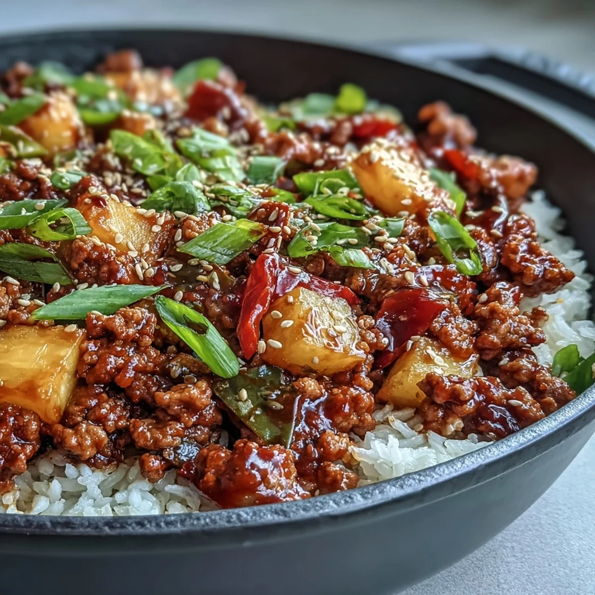 Steaming sweet-and-sour turkey rice skillet served with a fried egg on top and sesame seeds.