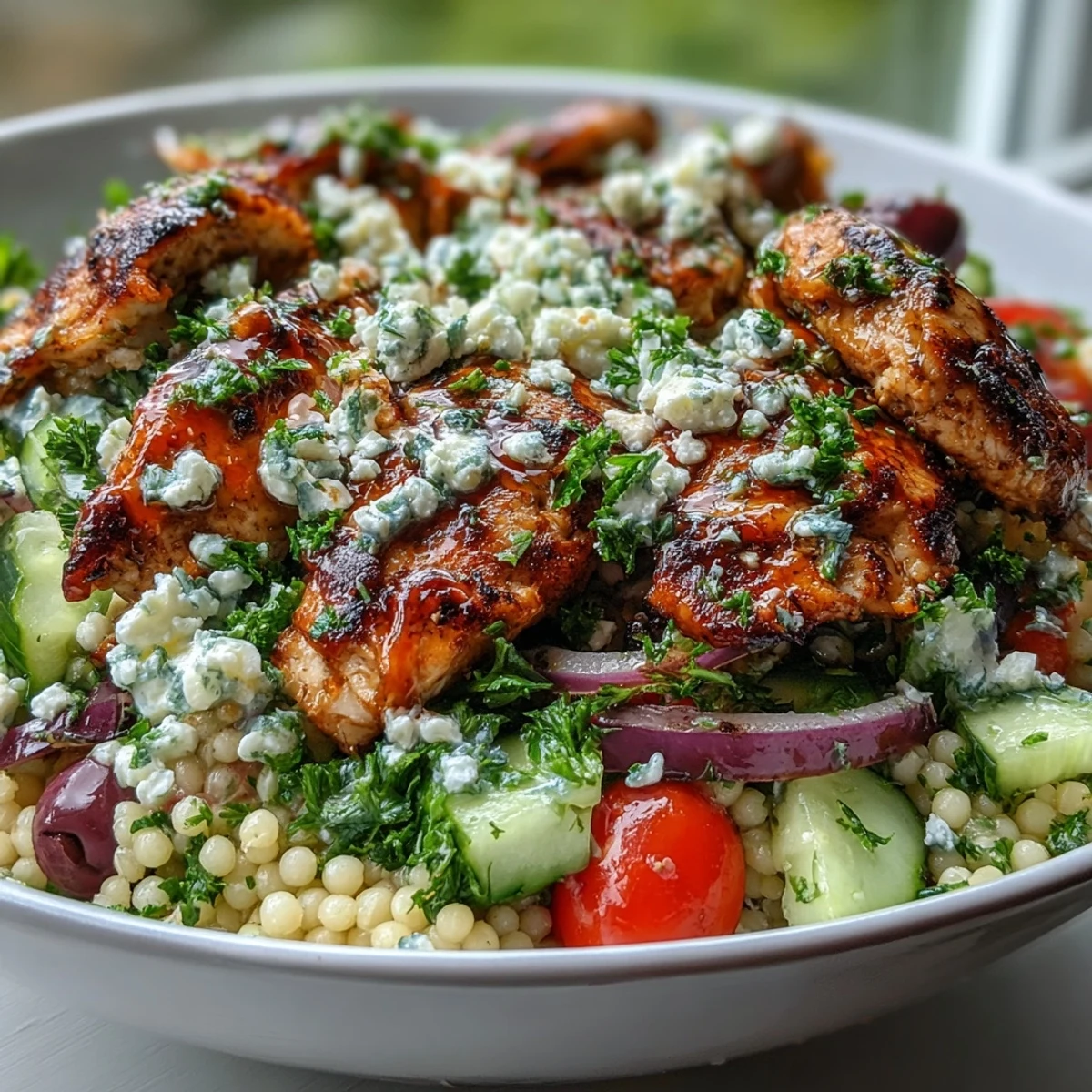 Juicy chicken strips top a vibrant bowl of Mediterranean Pearl Couscous Chicken Bowls with olives and tomatoes.
