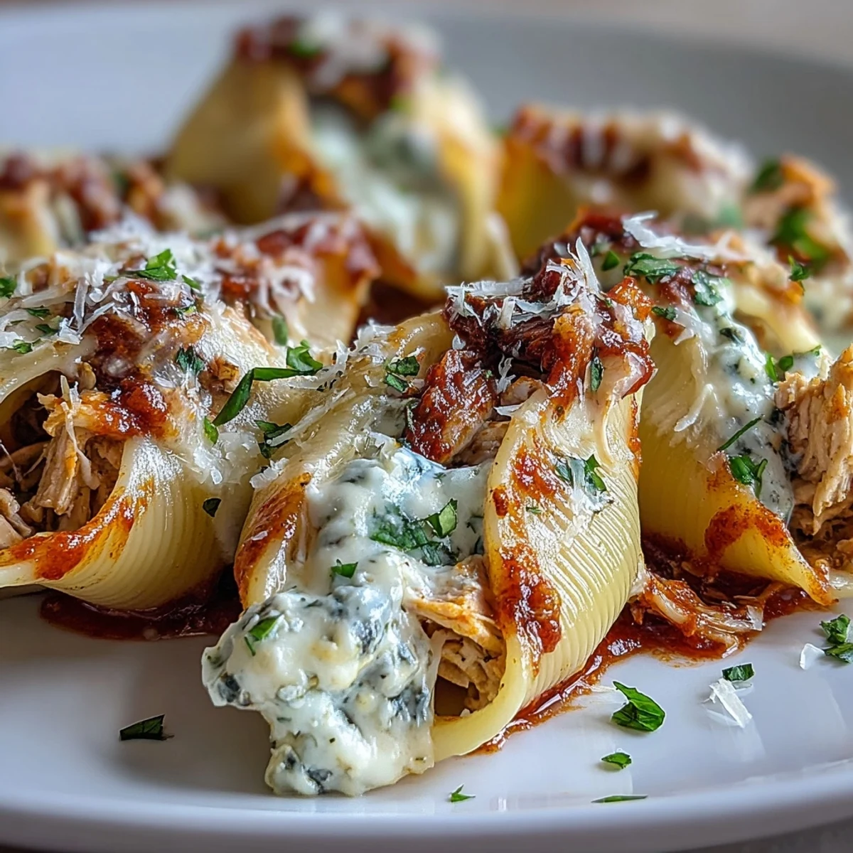 A serving of Pesto Chicken Stuffed Shells Lite plated next to a crisp green salad and a slice of garlic bread.