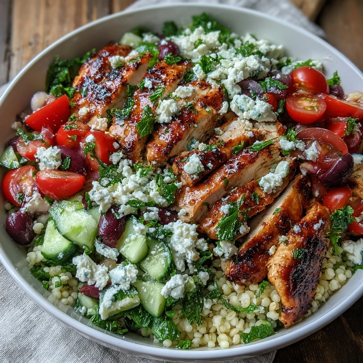 Juicy lemon-feta marinated chicken strips sizzle on the skillet beside fluffy herbed pearl couscous salad.