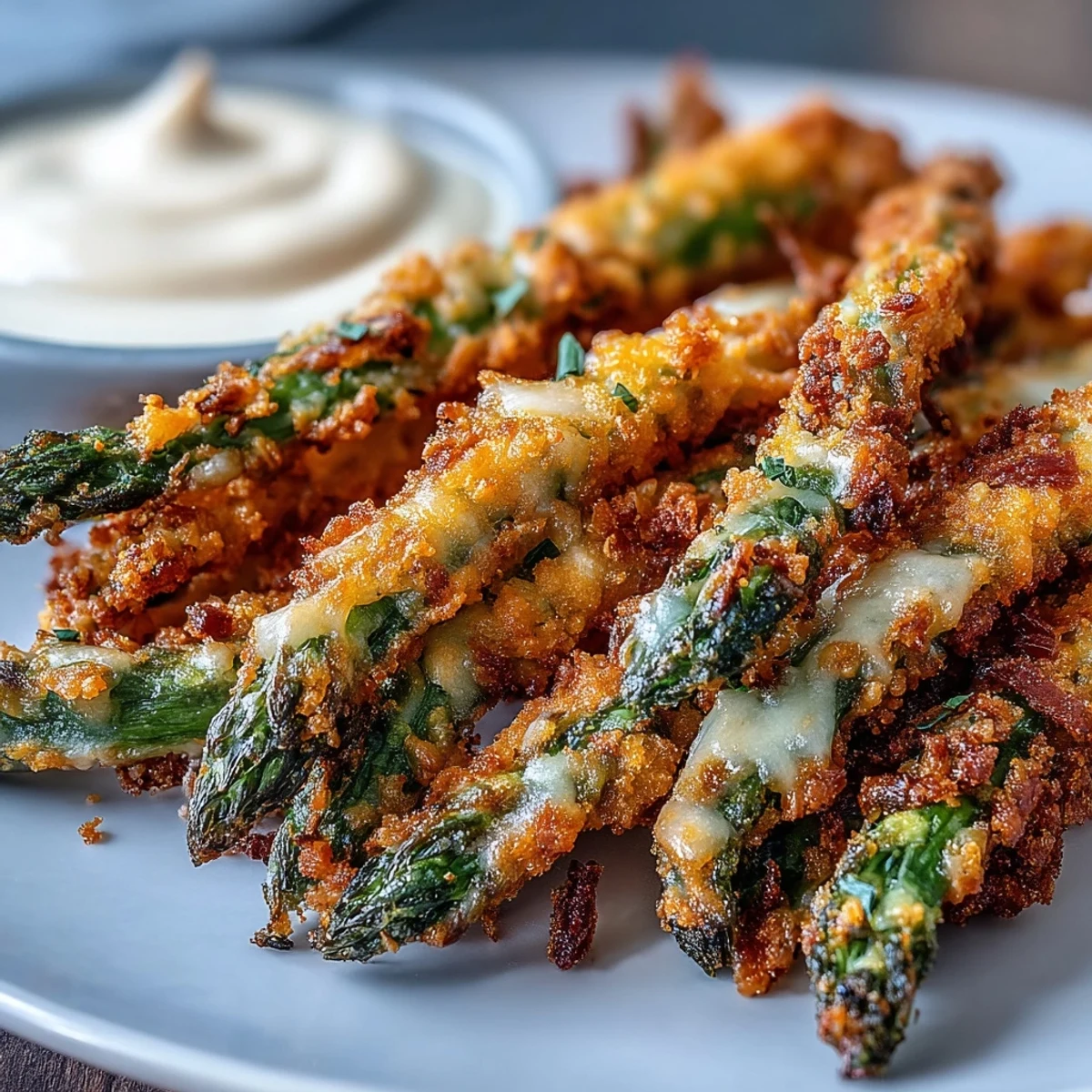 Golden-brown Crispy Chili-Garlic Asparagus Fries on a plate with creamy sriracha mayo dip.
