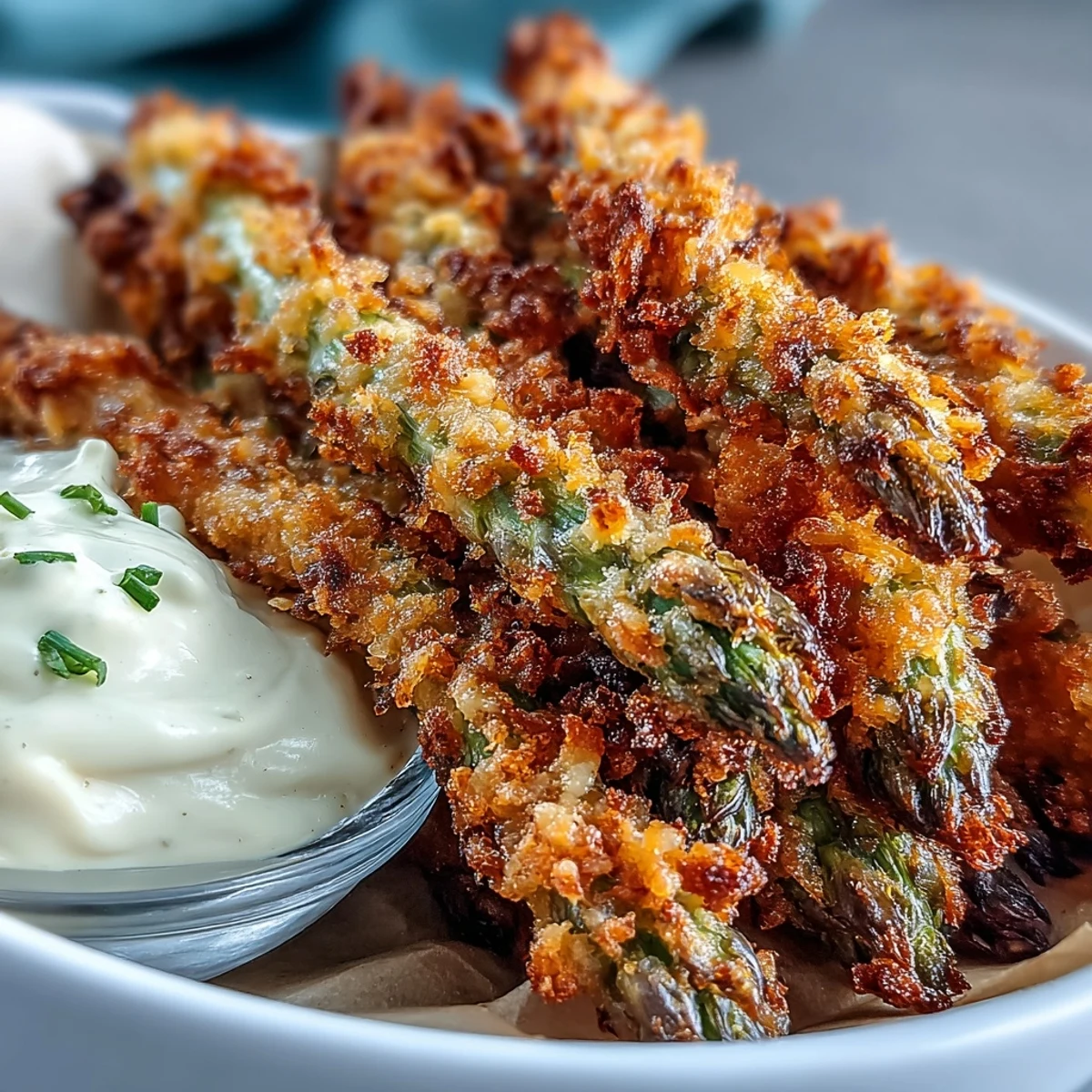 Oven-baked Crispy Chili-Garlic Asparagus Fries served warm as a crunchy vegetarian appetizer.