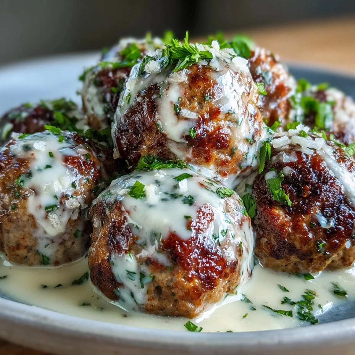 Golden-baked Creamy Garlic Ranch Turkey Meatballs rest in a velvety garlic cream sauce, garnished with fresh parsley.