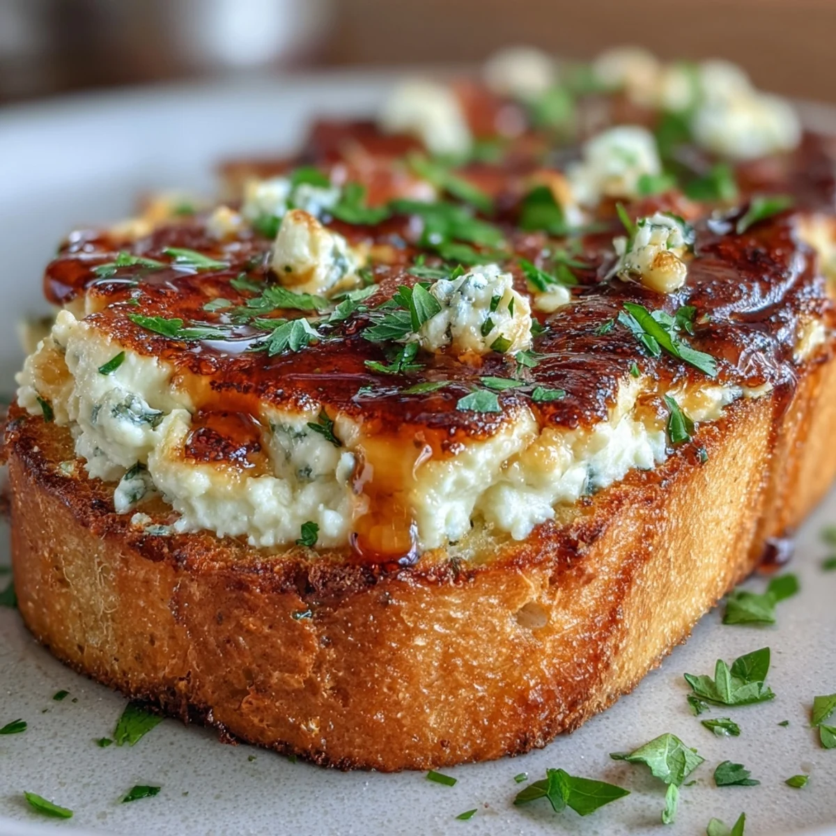 Golden-baked Hot Honey Ricotta Garlic Bread halves are generously spread with creamy ricotta and garlic, topped with a vibrant drizzle of spicy-sweet hot honey.