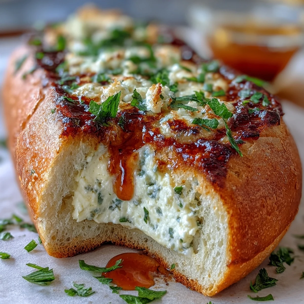 A close-up of Hot Honey Ricotta Garlic Bread showing crispy crust, creamy spread, and a glossy red chili honey drizzle, ready to eat.