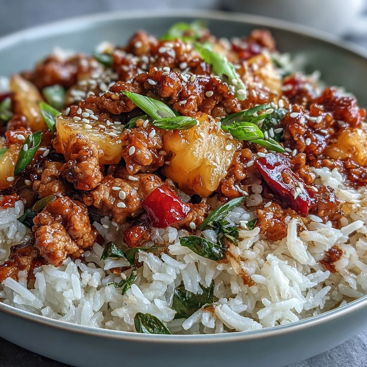 Sweet-and-Sour Turkey Rice Skillet featuring golden ground turkey, crisp peppers, juicy pineapple, and fluffy rice tossed in a glossy Korean-inspired glaze.