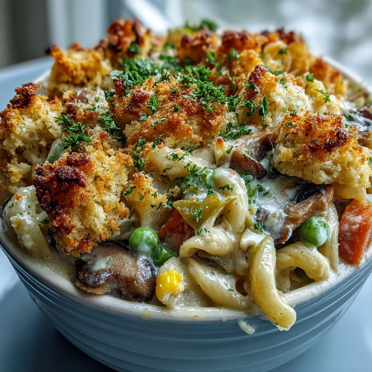 Close-up of Creamy Veggie Pot Pie Pasta revealing the luscious sauce and crisp biscuit topping, ready to serve.