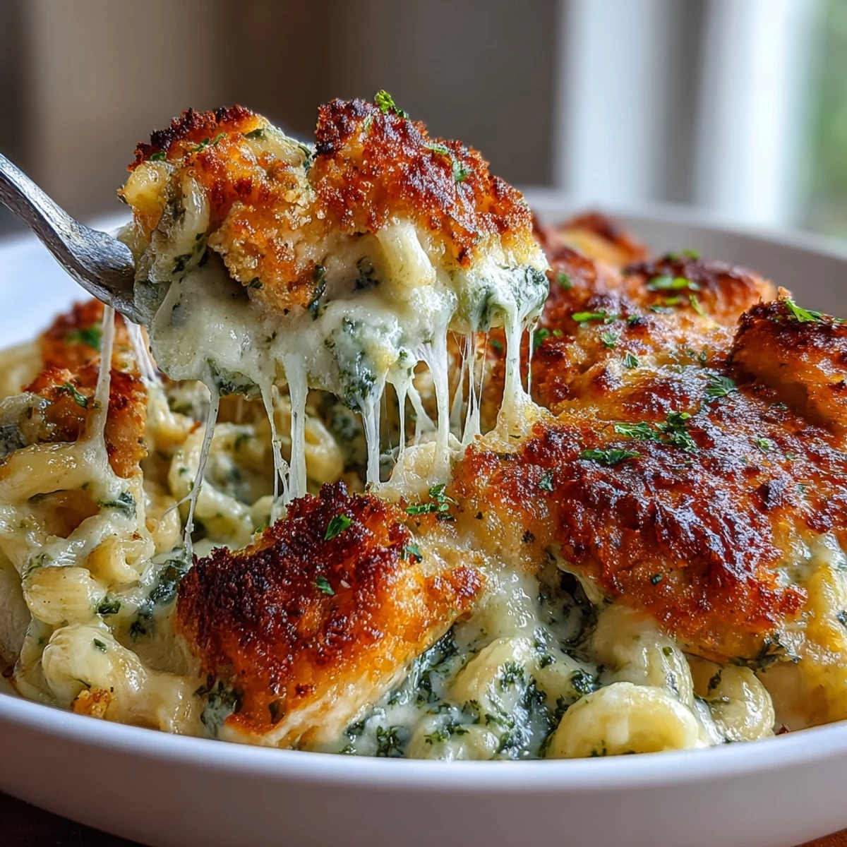 A close-up of creamy Baked Pesto Chicken Mac & Cheese, highlighting tender chicken pieces, green pesto swirls, and melted mozzarella cheese strings.