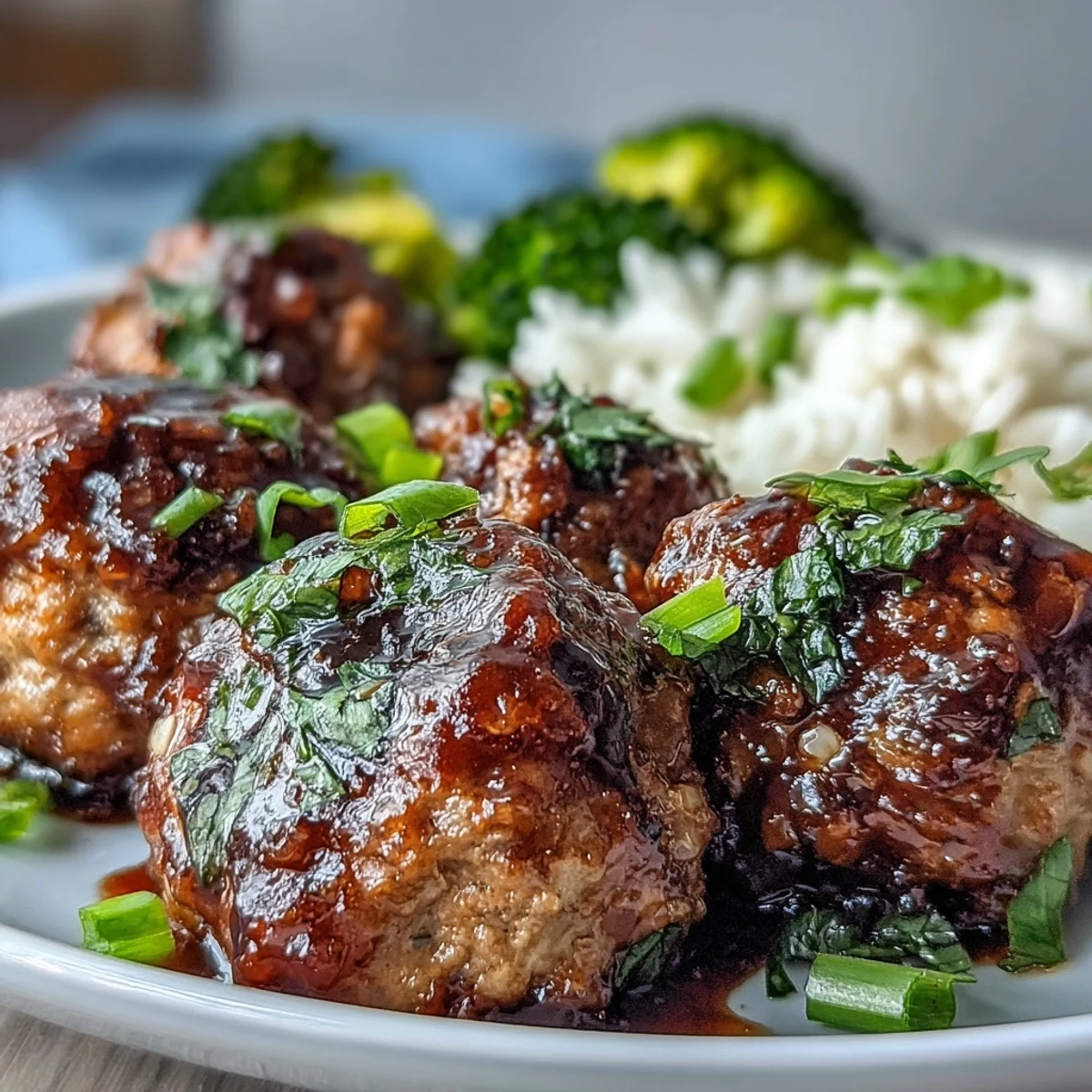 Savory Honey Garlic Turkey Meatballs glisten as they rest on jasmine rice with bright green broccoli florets.