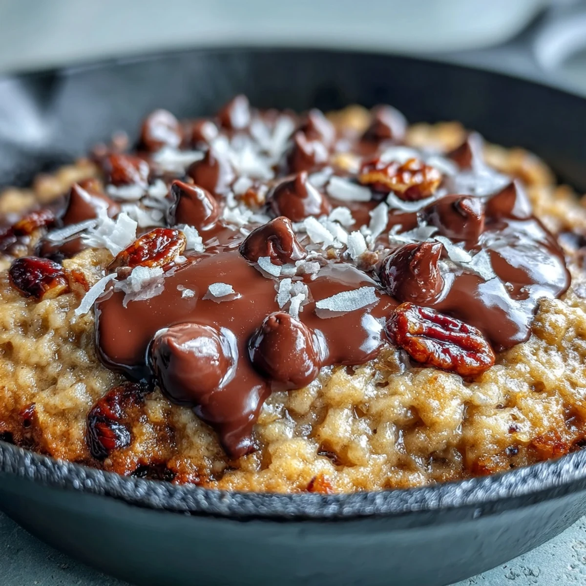 A warm slice of Chunky Monkey Oatmeal Cookie Skillet topped with melting vanilla ice cream.