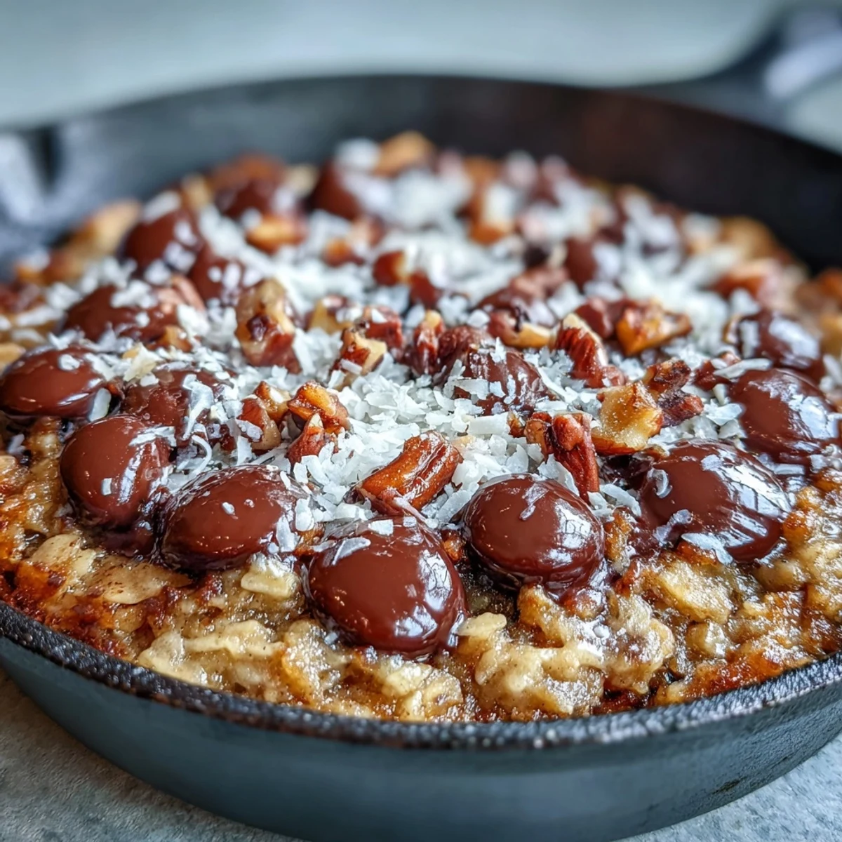 Golden-baked Chunky Monkey Oatmeal Cookie Skillet showing gooey chocolate chips and chopped walnuts.