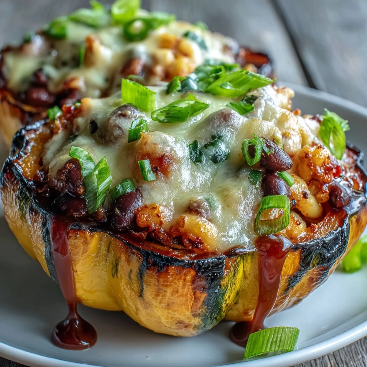 A close-up of Hot Honey Chili Mac Stuffed Squash reveals cheesy chili mac and a drizzle of sweet hot honey.