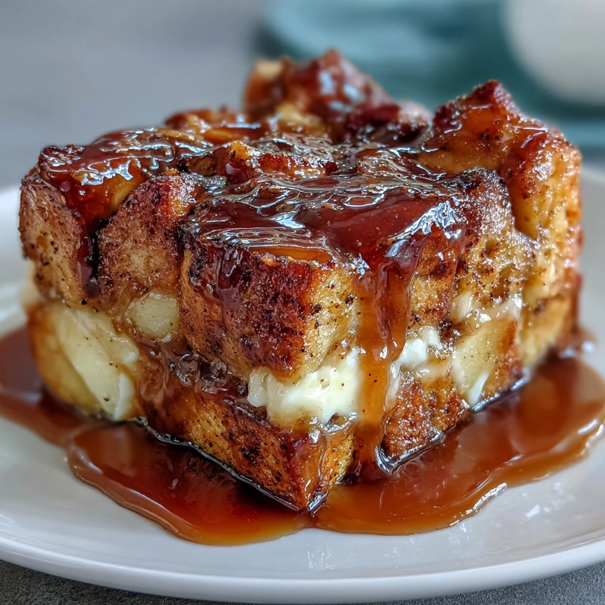 Freshly baked Caramel Apple Cheesecake Bread Pudding reveals layers of tender brioche, soft apple chunks, and swirls of rich cream cheese filling.